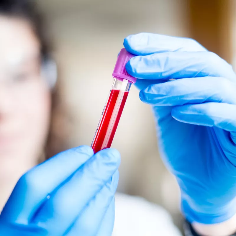 gloved hands holding a vial of red liquid up to the light