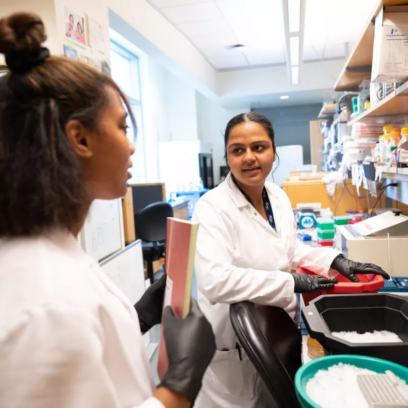 a PhD student showing a future grad student how a lab process works