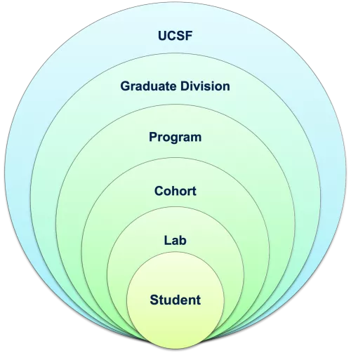 6 differently-sized circles stacked on top of each other. The order of the circles, from smallest to largest, are labeled "student", "Lab", "Cohort", "Program", "Garduate Division", and "UCSF". The figure portrays the various communities that graduate students are part of at UCSF.