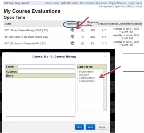 screenshot of the Instructor Home screen showing the reminder email process