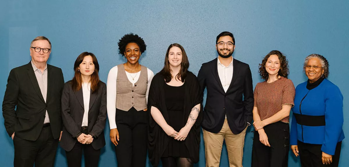 fifth-year fellow presenters pose for a photo with Chancellor Hawgood and Dean Blake