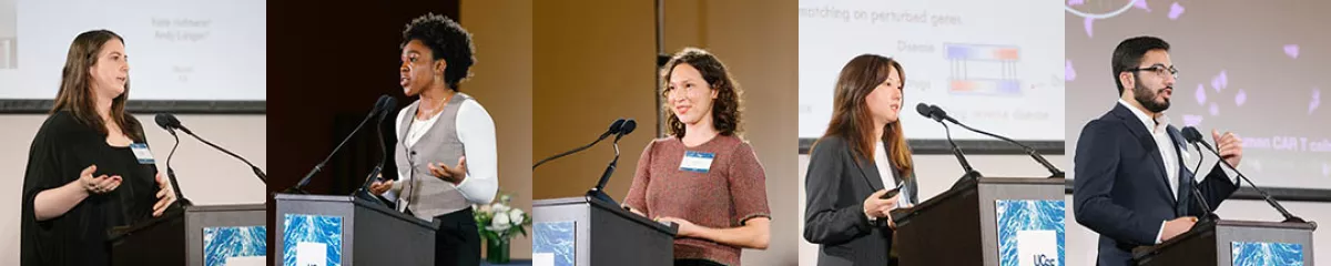 speakers delivering their talks; left to right: Volk, Jones, Cech, Li, Bhargava