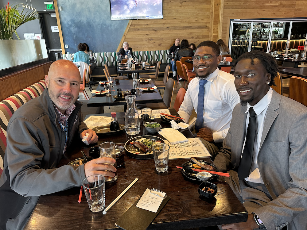 from left) DPTRS Professor and Vice Chair for Research Richard Souza, PT, PhD, with Morehouse College mentees, Rodney Gross and Darius Ragland.
