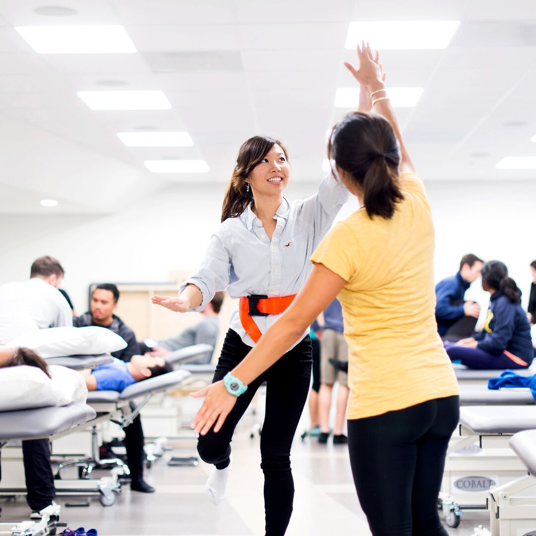 a physical therapist working with a client in a physical therapy clinical environment