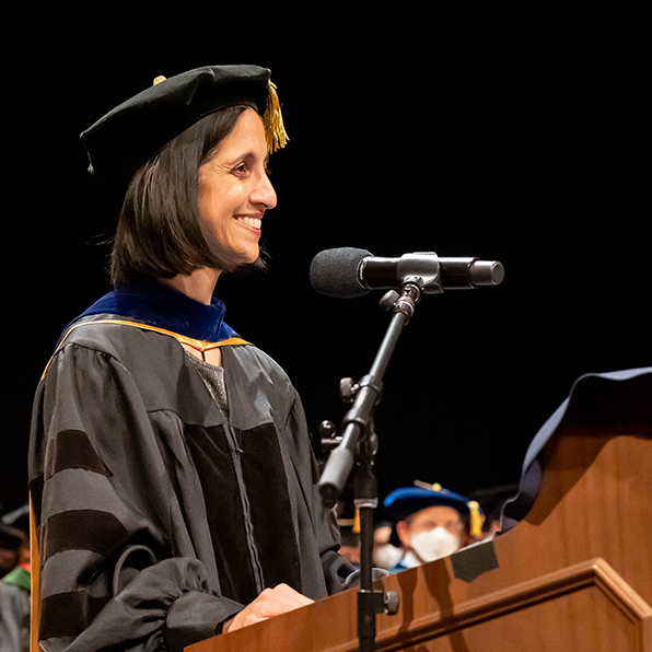 Tejal Desai, PhD, delivers the commencement address in academic regalia