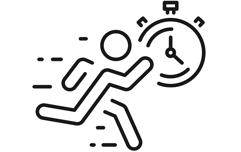 line drawing of a human figure running past a stopwatch
