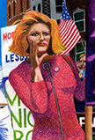 Colorful drawing of Sylvia Rivera at 1973 Christopher Street Liberation Day March